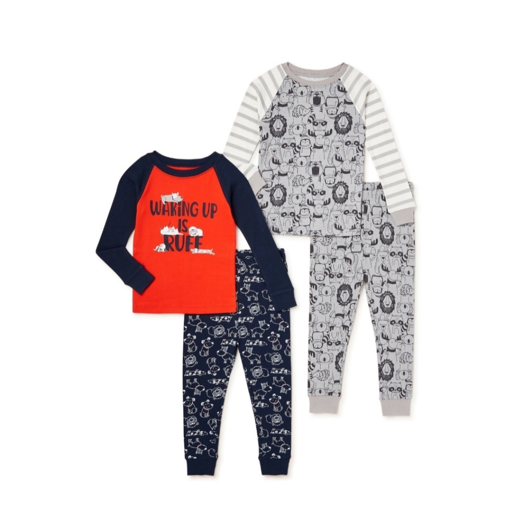 Wonder Nation Baby Toddler Boy Long Sleeve Snug Fit Cotton Pajamas, 4-Piece Set
